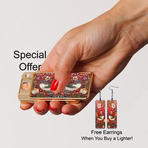 Strawberry Thief Red Electric Rechargeable Lighter, Vintage Art Nouveau Birds By William Morris, Cute Golden Silver Metal Lighter For Her