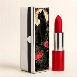 Art deco gotische zwarte kat lippenstift houder met spiegel, vintage rode pioenrozen compact metalen make-upaccessoire, uniek zakcadeau voor haar