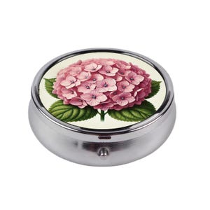 Hydrangea Flower Pill Box Pink Vintage Floral Organizer Compact Pill Case for Travel Medicine Storage Small Gift for Her Botanical Accessory