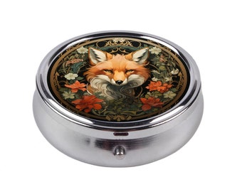 Fox Pill Box Art Nouveau Pill Container Fox And Flowers Pocket Medicine Pill Box Vintage Style Pill Case Holder Floral Pill Box For Her
