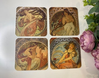 Art Nouveau Coasters Set Alfons Mucha Art Vintage Art Nouveau Vrouwen Prints Alphonse Mucha Coasters Cadeau Idee voor haar