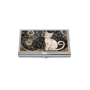 Porta biglietti da visita a forma di gatto bianco e nero - Porta carte di credito ispirato a Gustav Klimt, idea regalo artistica a forma di gatto, accessorio elegante per gli amanti dei gatti