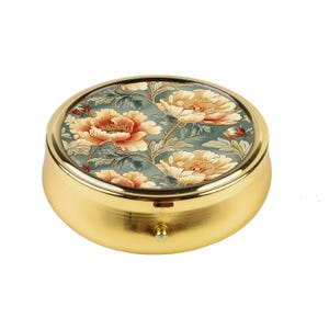 Floral Pocket Pill Box Peony Design, Compact Vintage Flower Pill Case, Elegant Travel Medicine Organizer with Dividers, Gift Idea for Her