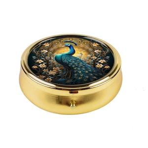 Peacock Pill Box Art Nouveau Pill Case Elegant Travel Medicine Holder Floral Pocket Jewelry Organizer Unique Gift for Her