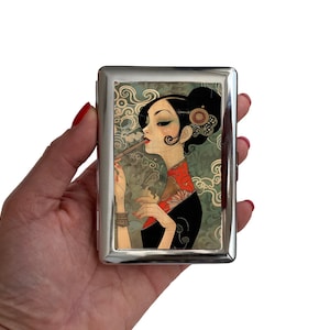 Estuche para cigarrillos Art Deco, diseño retro de mujer fumadora, soporte de metal de estilo vintage, elegante idea de regalo para fumadores, accesorio para amantes del arte
