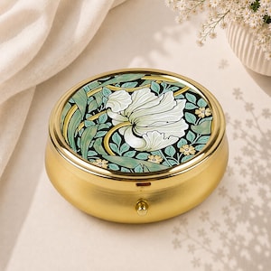 William Morris Pimpernel pillerlåda, vintage blommigt pillerfodral, jugendficka för medicin, kompakt resetablett för piller, present till henne