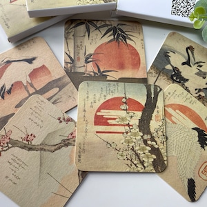 Set van 6 antieke onderzetters met Japanse print - vintage kunstonderzetters in geschenkverpakking, dikke kartonnen onderzetters, perfect cadeau-idee