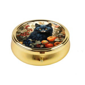 Schwarze Katze Pillendose Vintage Kunst Organizer Süß Obst und Beere Pillendose Kleiner Medizinbehälter Geschenk für Katzenliebhaber Taschenreisebox