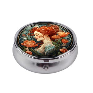 Art Nouveau Pill Box, Alphonse Mucha Jewelry Case, Floral Pill Organizer, Small Travel Box, Pocket Gift Idea for Her, Elegant Medicine Box