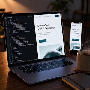 Könnte beinhalten: Ein Laptop mit Code auf der linken Seite und einer Website mit dem Titel Elevate Your Digital Experience auf der rechten Seite, daneben ein Smartphone mit derselben Website, eine Keramiktasse und ein Notizbuch auf einer Holzoberfläche.