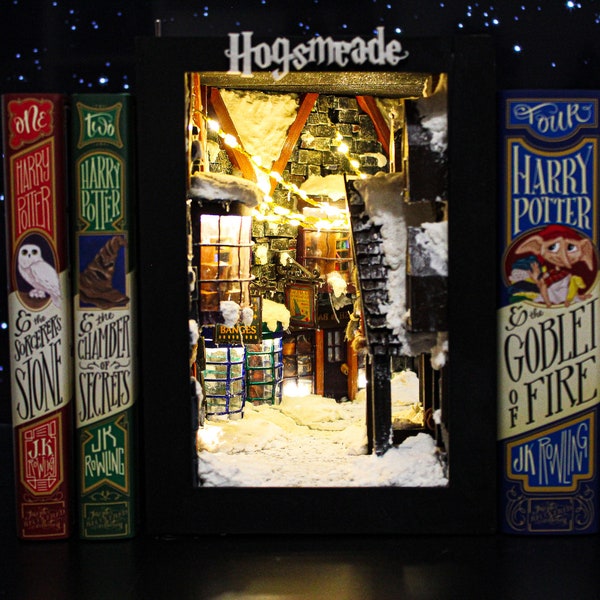 Rincón de libros inspirado en Hogsmeade, inserto de estante, sujetalibros