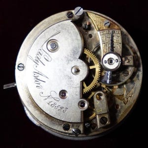 May include: Close-up of a vintage watch movement with intricate gears, screws, and a balance wheel. The watch mechanism has a silver-colored plate with the inscription "Lady Astor" and the number "18593". The design includes gold-colored accents and a decorative bird.