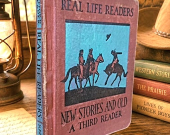 Vintage 1934 REAL LIFE READERS Third Reader Textbook. Western Cowboy Horse Cover. Illustrated Texas School Book. Rustic & Shabby.
