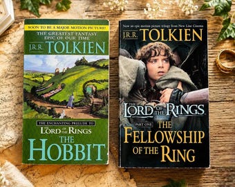 2 pc Lot Vintage J.R.R. TOLKIEN Fantasy Paperback Books -- The HoBBiT & The FeLLoWSHiP Of The RiNG. Classic Adventure Early 2000s Movie-Era.