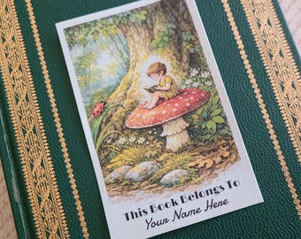 15 Personalized Ladybug & Wee Child Reading atop a Mushroom "This Book Belongs To" Nature Forest Bookplates. Printed with Your Name.