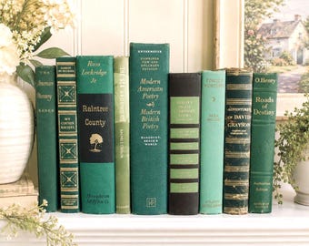 Choose Your Own - Green Shades. Vintage & Antique Books. Classic Old Bookshelf Decor, Staging. Poetry, Essays, Novels, Readers, Stories.
