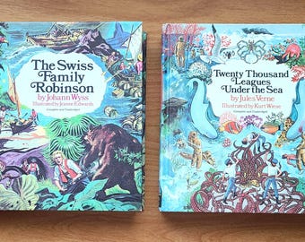 2 pc Lot Vintage Youth Adventure Books: "Twenty Thousand Leagues Under the Sea" + "Swiss Family Robinson" 1970s Rainbow Classics Editions.