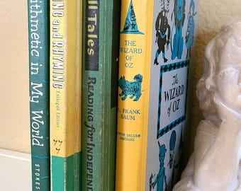 4 pc Shabby Lot Vintage 1950s Children’s Books. Crafts & Art Page Use. Wizard of Oz, Arithmetic, Reading, Music, Songs, School Textbooks.