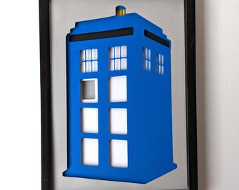 Tardis Dr Who Blue Police Box- 5"x7" Handmade Layered Paper Cut Shadowbox