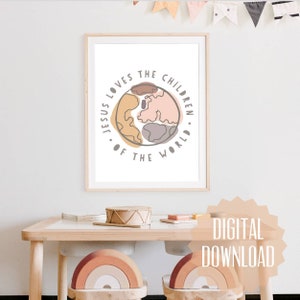 Jesus Loves the Children Wall Art, Religious Print for Kids Play Room, Christian Decor for Nursery, Natural Boho Aesthetic Wall Art Gift