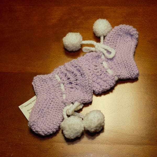 Hand Crocheted Baby Booties - Purple with White Pom Poms (Up to 3 month old)