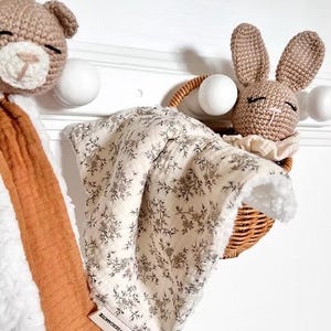 Crocheted and double cotton gauze teddy bear comforter, to be personalized.