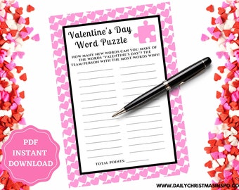 Valentines Day Word Puzzle Game | Valentine Word Puzzle Printable | Valentines Day Activity for Kids & Adults | Galentine's Day Party Game