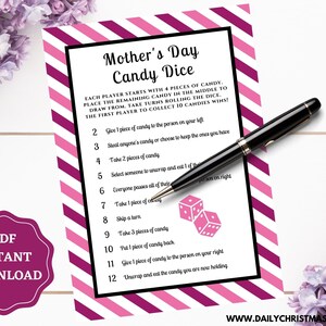 Instant Download Mothers Day Candy Dice Game | Mother's Day Roll the Dice Party Game | Mothers Day Activity | Candy Game Mothers Day Edition