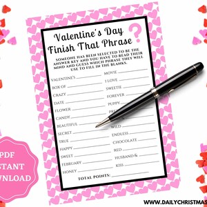 Valentines Day Finish That Phrase Game | Finish That Phrase Valentine&#39;s Day Printable Party Games | Valentine&#39;s Day Activities for Kids