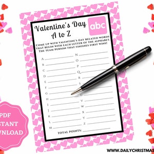 Instant Download Valentine’s Day A-Z Game | Printable Valentine’s Day Party Game | Galentine’s Day Alphabet Game | Valentine&#39;s Day Activity