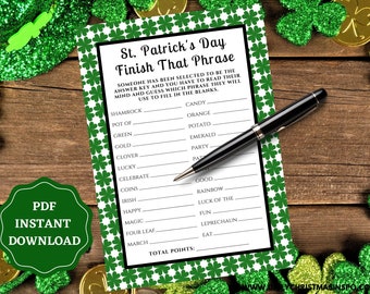 St Patricks Day Finish That Phrase Game | Finish That Phrase St Patrick's Day Printable Party Games | St Patty's Day Activities for Kids