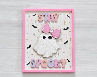 Halloween Decor, Ghost Sign, Ghost Wall Art, Pink Halloween, Pastel Halloween Decor, Spooky Signs, 6.5" x 8" Sign