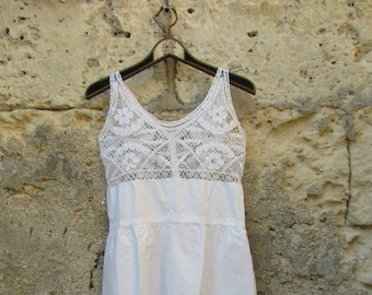 Antique French linen dress with cotton bobbin lace