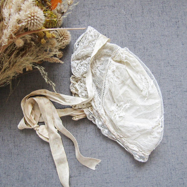 Antique French Silk and Lace Baby Bonnet for Baptism