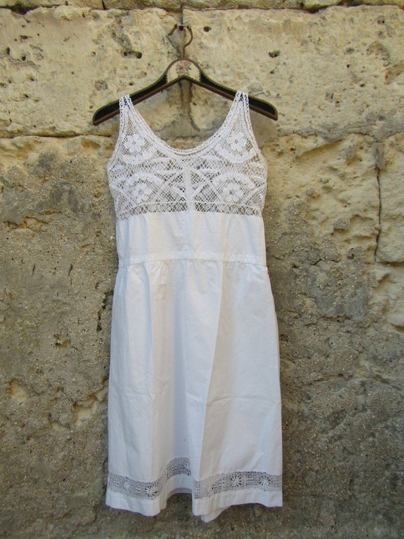 Antique French linen dress with cotton bobbin lace - image 1