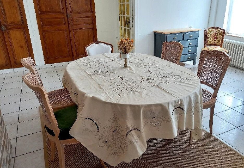 Vintage, Nouveau, Non Lavé Brodé à La Main Nappe de Menuiserie et Ensemble Serviettes