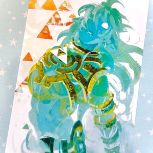 May include: An artistic print featuring a character with flowing teal hair and ornate armor. The artwork uses a watercolor style with shades of teal, gold, and orange. The character is set against a white background with geometric shapes.