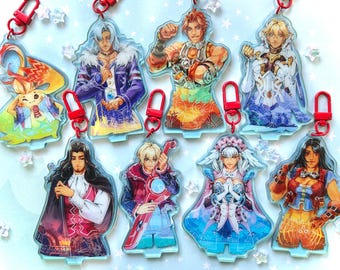 May include: A collection of eight acrylic keychains featuring colorful anime-style character illustrations. Each charm is attached to a red plastic lobster clasp and displays a unique figure with distinct clothing, hair colors, and poses in a vibrant art style.