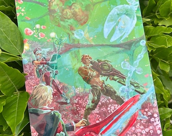 Op de afbeelding: Een rechthoekige print met een fantasie-scène met drie personages in actie. Het kunstwerk toont een rood zwaard, een groot geweer en een personage met pijl en boog. De achtergrond is een mix van groen, roze en wit, wat een dynamische en kleurrijke compositie creëert.