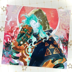 May include: A vibrant art print featuring a character with a teal and gold mask, flowing teal hair, and a dark blue cloak adorned with gold triangles. A red sun and abstract background complete the fantasy-themed artwork.