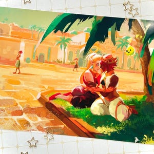 May include: A colorful art print depicts two figures embracing under a palm tree. The scene is set in a warm, sunlit environment with buildings in the background. The figures are in a tender moment, surrounded by lush greenery and a yellow, floating creature.