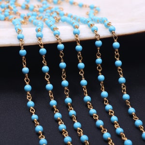 1,3,5, Feet Roll Bulk, Gold Plated, Turquoise Smooth Round Beads Rosary Chain Beaded Jewelry Making Finding Wire Wrapped Chain 3mm