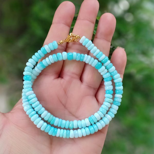 Colar com contas de opala azul celeste peruana natural, colar de pedras preciosas, fecho em prata de lei 925, colar artesanal, 5-6 mm.