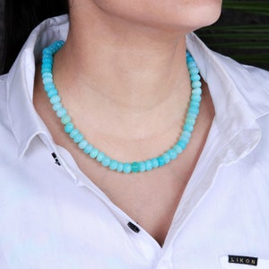 Halsband med blå peruansk opal, rondellpärlor, 8-9 mm ädelstenssträng, smycken med aqua opal