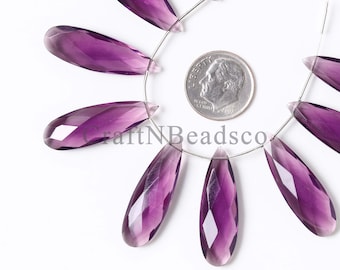Cuentas de cuarzo amatista talla briolette de 10 x 30 mm, facetadas, forma briolette. Cuentas sueltas de amatista. Suministros para la fabricación de joyas. 10 piezas.