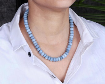 Handmade Blue Opal Rondelle Bead Necklace, Gift for Her