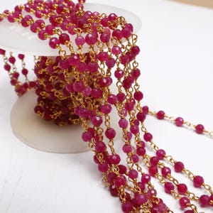 1,3,5, Feet Roll Bulk, Gold Plated, Natural Faceted Ruby Round Beads Rosary Chain Beaded Jewelry Making Finding Wire Wrapped Chain 3mm