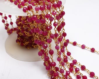 1,3,5, Feet Roll Bulk, Gold Plated, Natural Faceted Ruby Round Beads Rosary Chain Beaded Jewelry Making Finding Wire Wrapped Chain 3mm