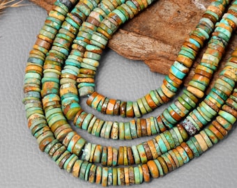 May include: Close-up of multiple strands of turquoise and brown gemstone beads. The beads are flat, disc-shaped, and strung together. The color palette includes shades of turquoise, brown, and orange, creating a natural, earthy aesthetic. The beads are likely used for jewelry making.