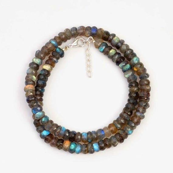 Collier Femme En Labradorite Naturelle - Perles Rondes Facettées Bleues - Longueur Réglable 18 Pouces